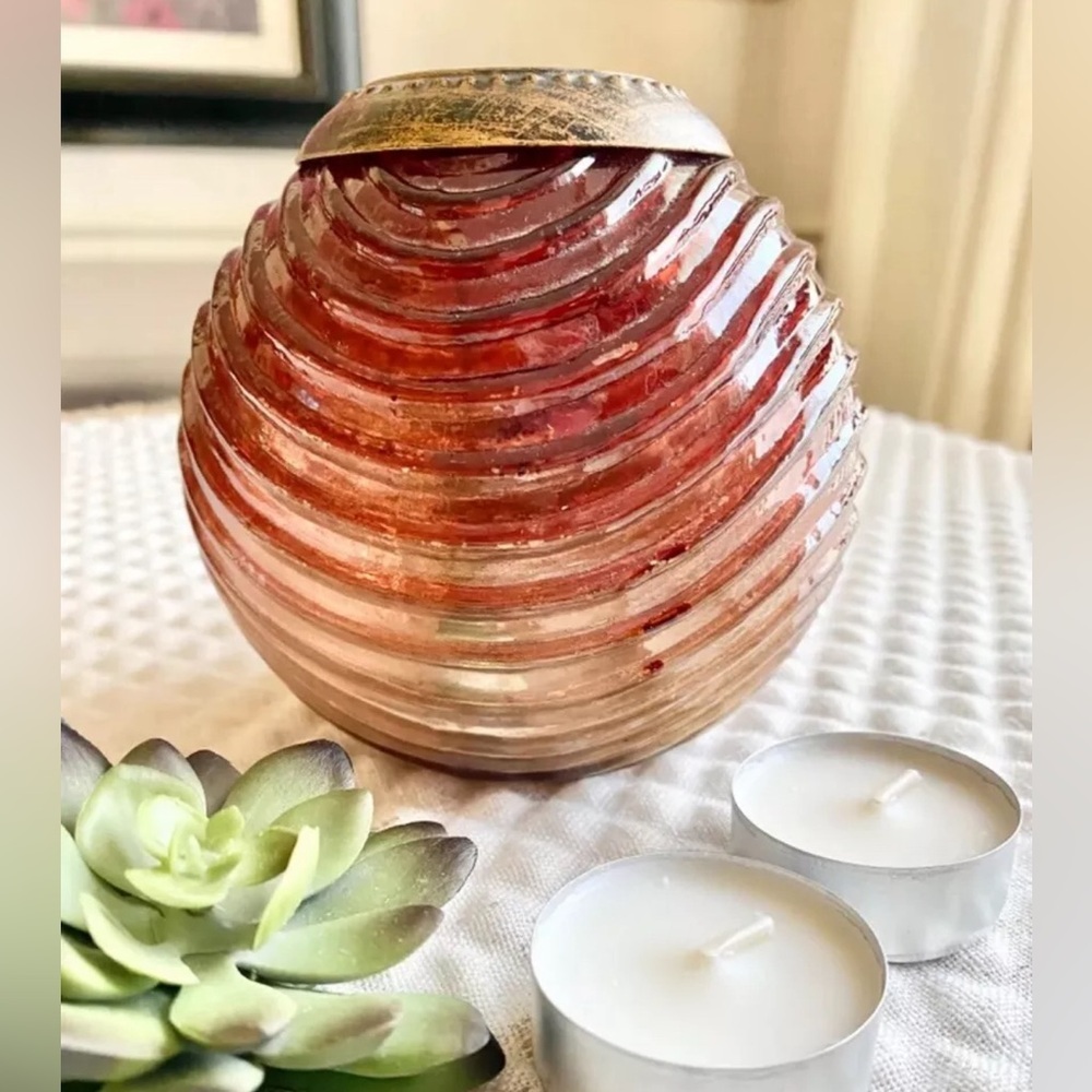 New Cranberry & Gold Textured Glass Holiday Tea Light Candle Holder +2 Tealights